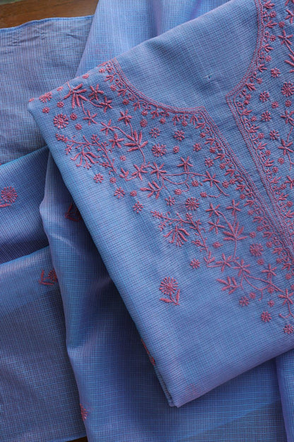 Blue & Pink Kota Chikankari Unstitched Fabric