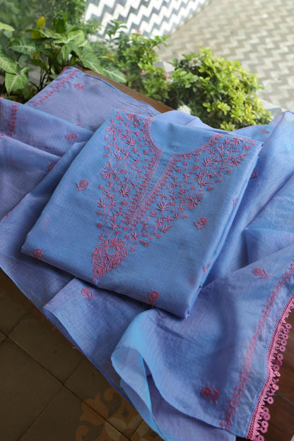 Blue & Pink Kota Chikankari Unstitched Fabric