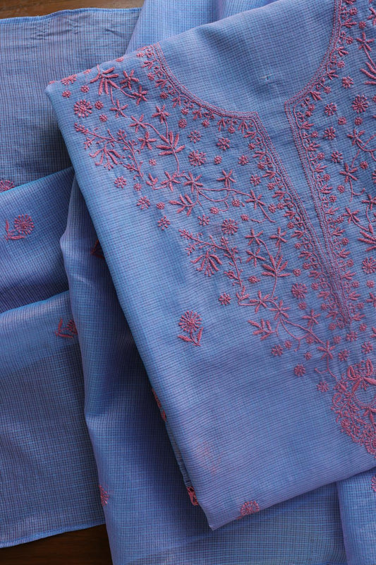 Blue & Pink Kota Chikankari Unstitched Fabric