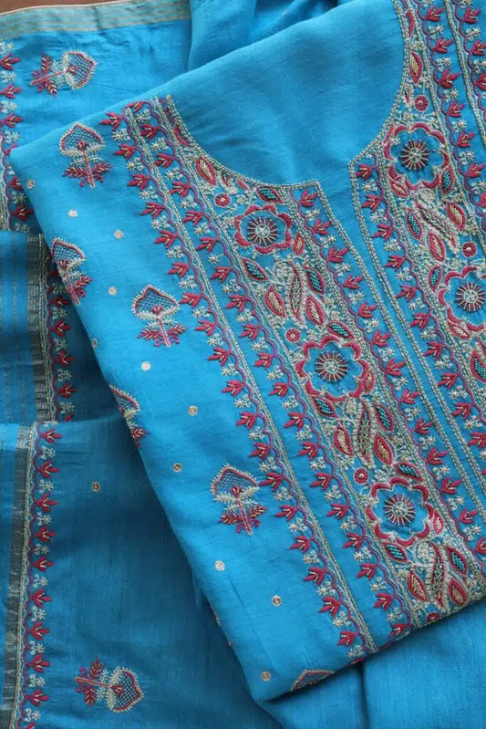 Blue & Pink Moonga Silk Chikankari Unstitched Fabric