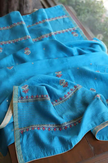 Blue & Pink Moonga Silk Chikankari Unstitched Fabric