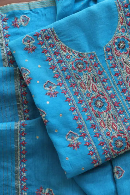 Blue & Pink Moonga Silk Chikankari Unstitched Fabric
