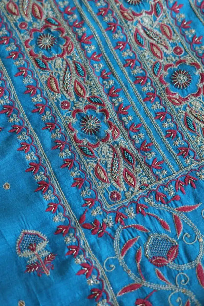 Blue & Pink Moonga Silk Chikankari Unstitched Fabric