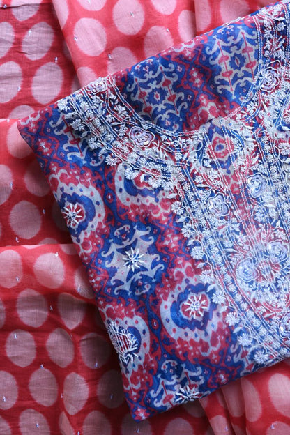 Blue & Pink Soft Cotton Printed Unstitched Kurta Dupatta Set with Chikankari & Sequin Work
