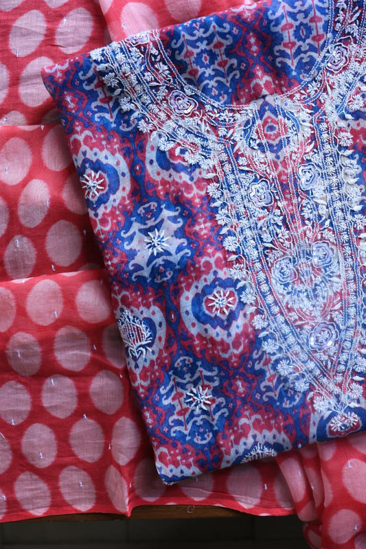 Blue & Pink Soft Cotton Printed Unstitched Kurta Dupatta Set with Chikankari & Sequin Work