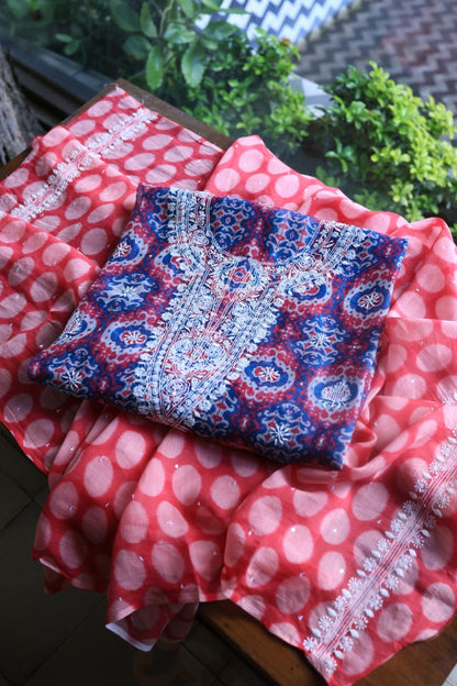 Blue & Pink Soft Cotton Printed Unstitched Kurta Dupatta Set with Chikankari & Sequin Work