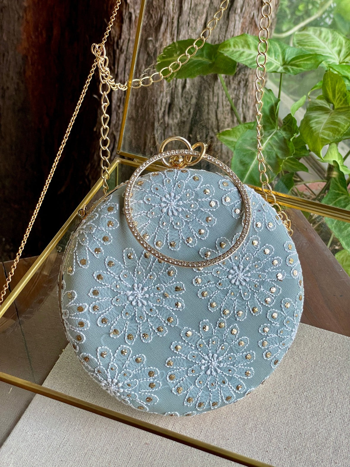 Blue Pure Georgette Mukaish Kamdani Sling Clutch