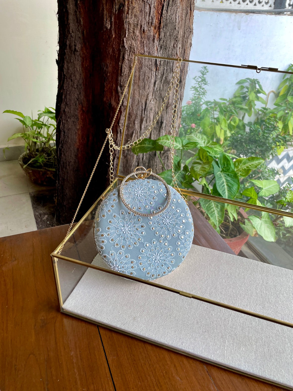 Blue Pure Georgette Mukaish Kamdani Sling Clutch