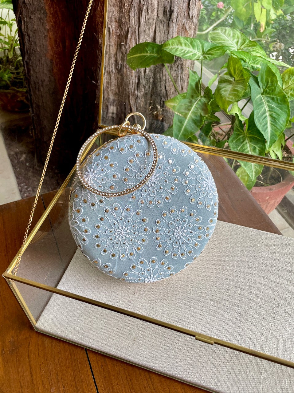 Blue Pure Georgette Mukaish Kamdani Sling Clutch