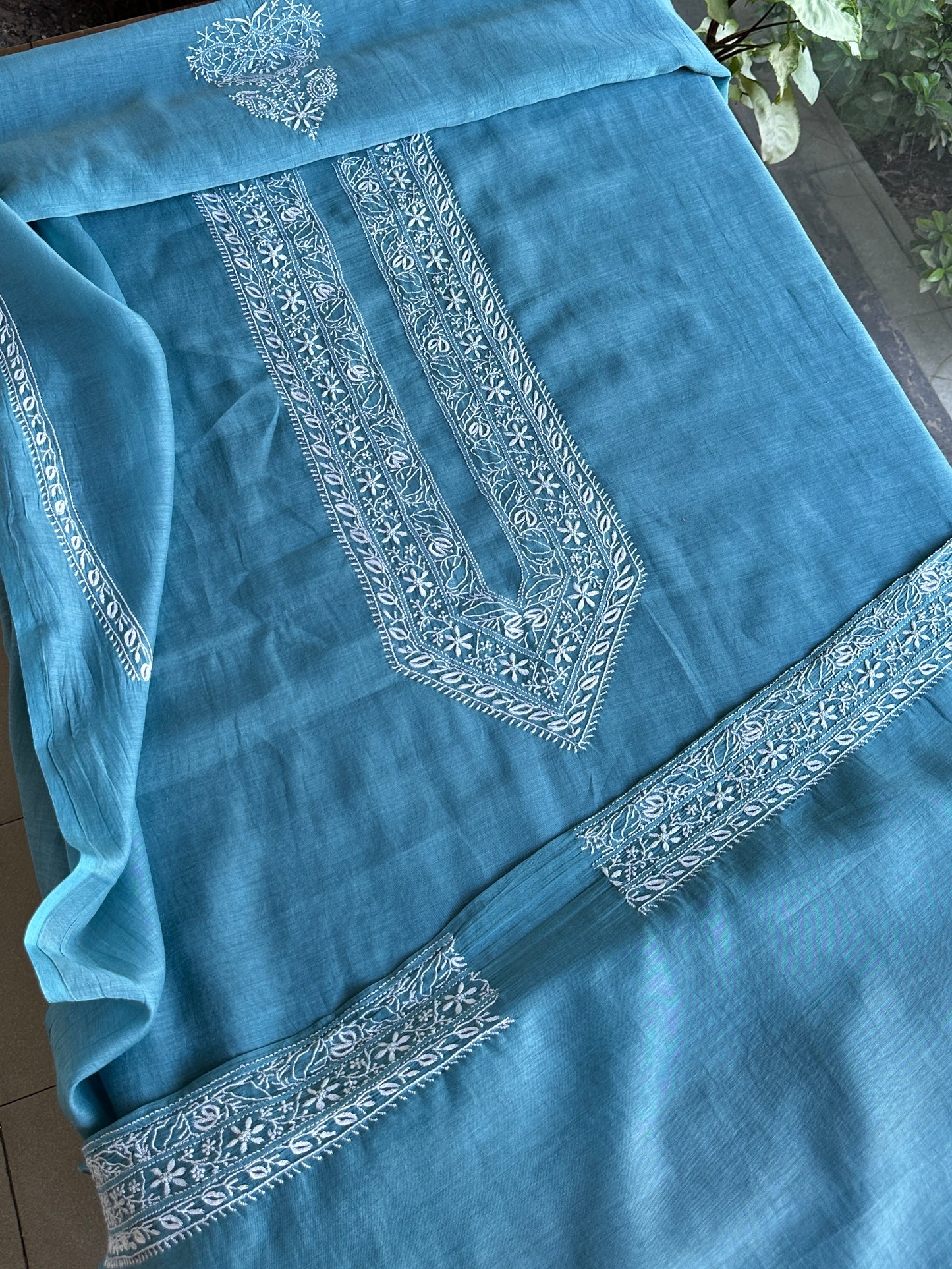 Blue Shade Mulmul Chikankari Unstitched Men's Kurtas Fabric