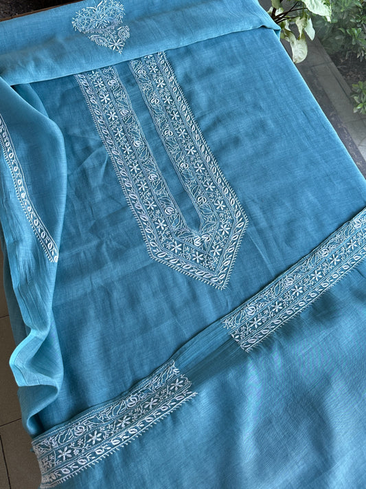 Blue Shade Mulmul Chikankari Unstitched Men's Kurtas Fabric