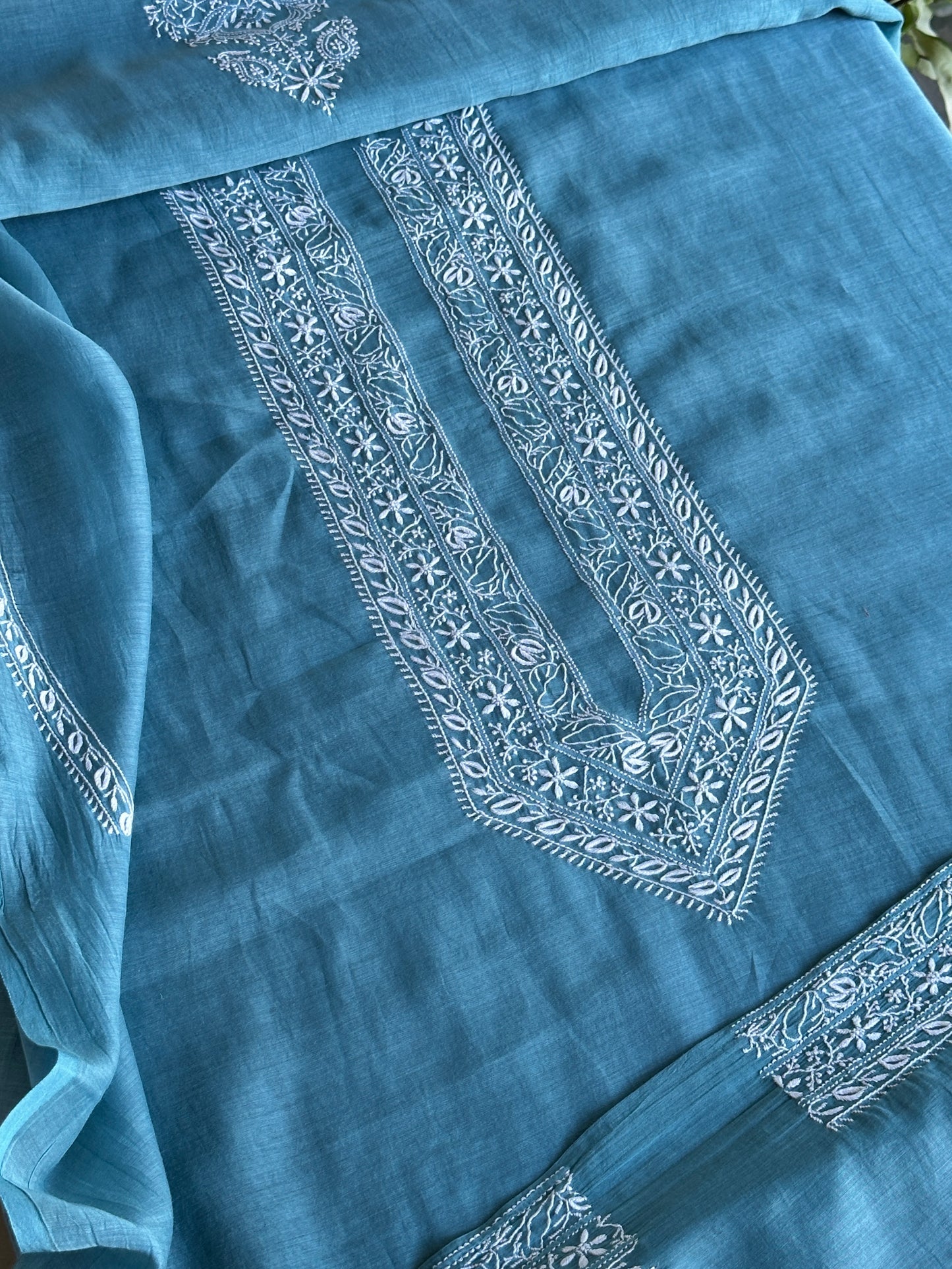 Blue Shade Mulmul Chikankari Unstitched Men's Kurtas Fabric