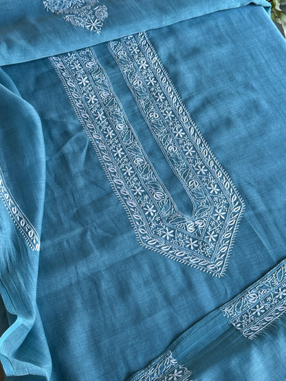 Blue Shade Mulmul Chikankari Unstitched Men's Kurtas Fabric