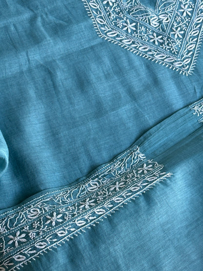 Blue Shade Mulmul Chikankari Unstitched Men's Kurtas Fabric