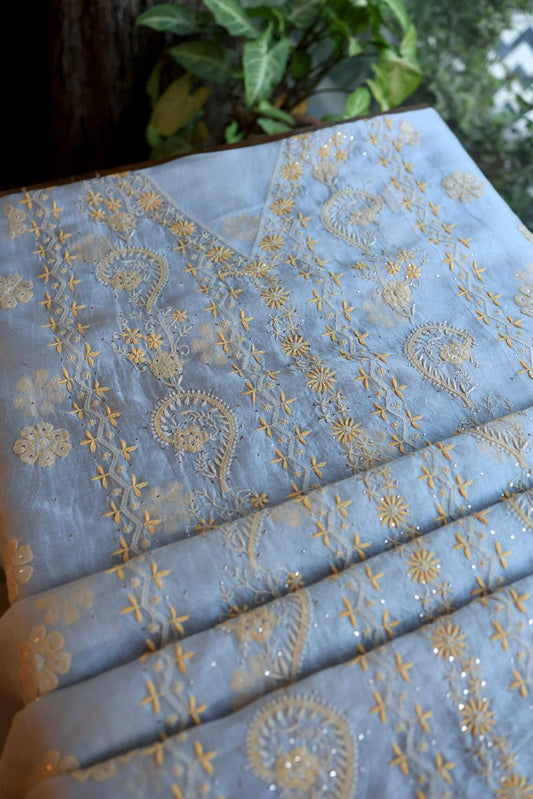 Blue Shade Organza Silk Chikankari Unstitched Fabric