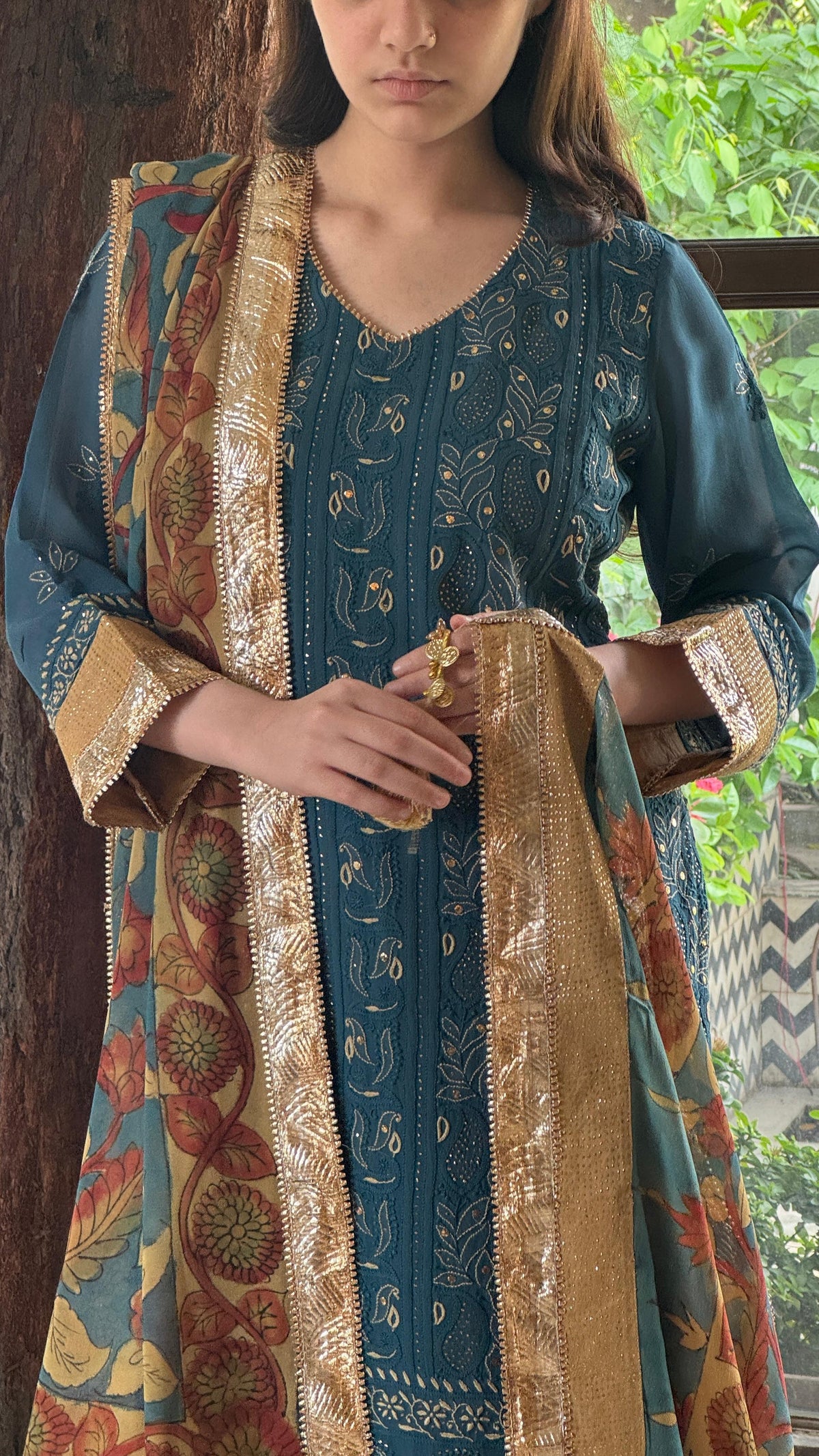 Blue Yellow Chikankari Pure Georgette Churidar Set with Kalamkari Dupatta