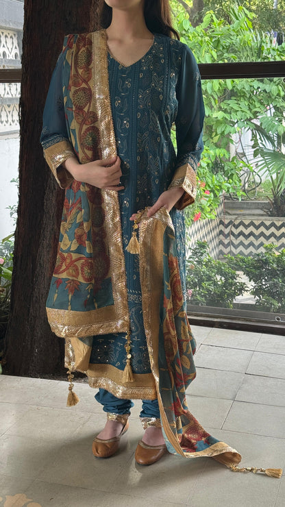 Blue Yellow Chikankari Pure Georgette Churidar Set with Kalamkari Dupatta