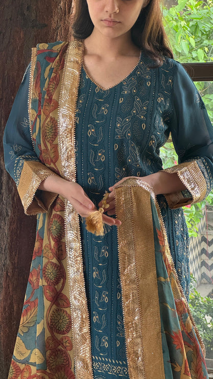 Blue Yellow Chikankari Pure Georgette Churidar Set with Kalamkari Dupatta