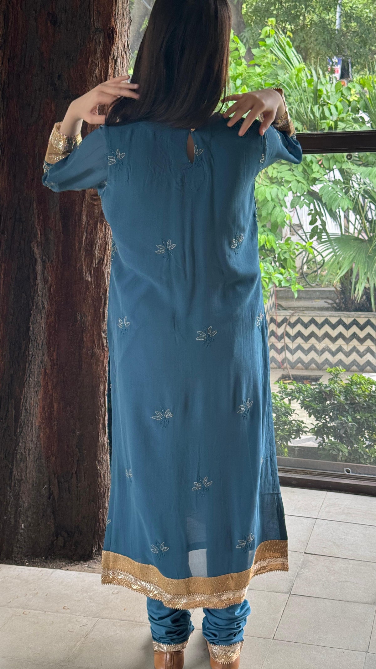 Blue Yellow Chikankari Pure Georgette Churidar Set with Kalamkari Dupatta