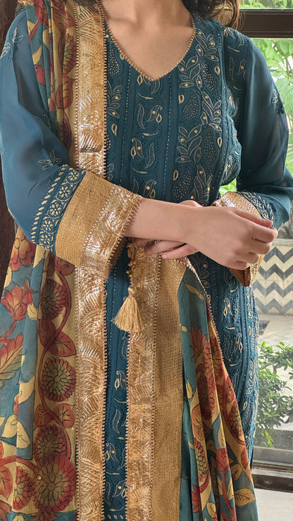 Blue Yellow Chikankari Pure Georgette Churidar Set with Kalamkari Dupatta