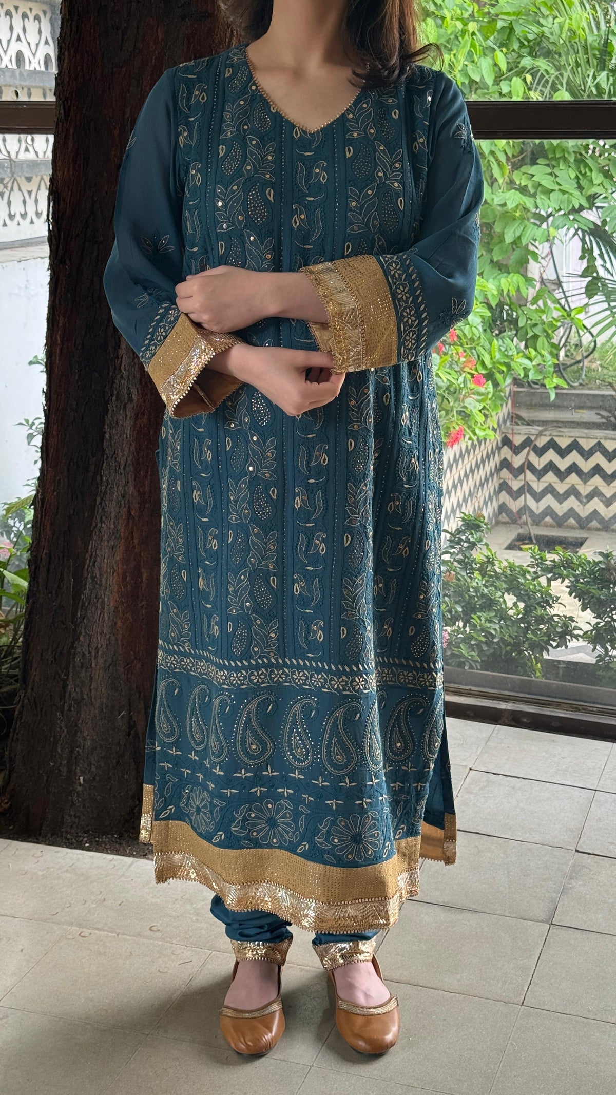 Blue Yellow Chikankari Pure Georgette Churidar Set with Kalamkari Dupatta