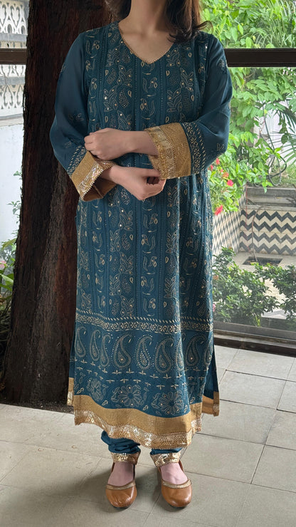 Blue Yellow Chikankari Pure Georgette Churidar Set with Kalamkari Dupatta