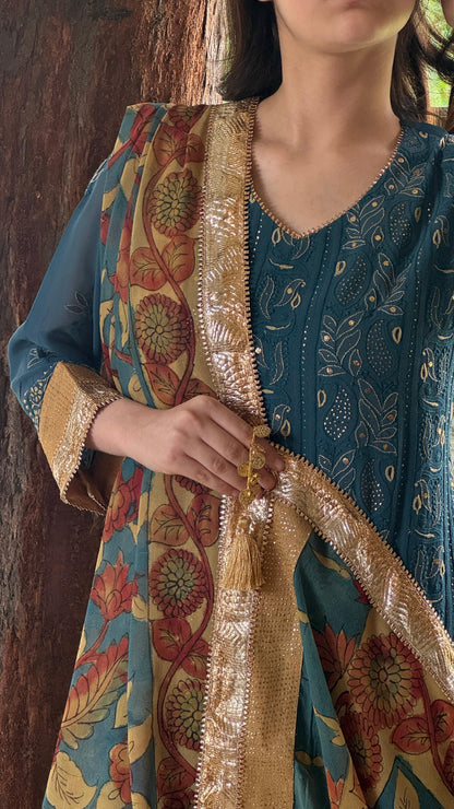 Blue Yellow Chikankari Pure Georgette Churidar Set with Kalamkari Dupatta