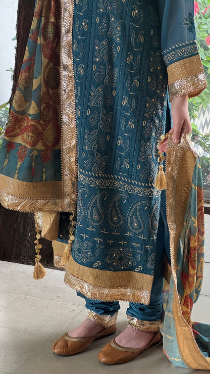 Blue Yellow Chikankari Pure Georgette Churidar Set with Kalamkari Dupatta