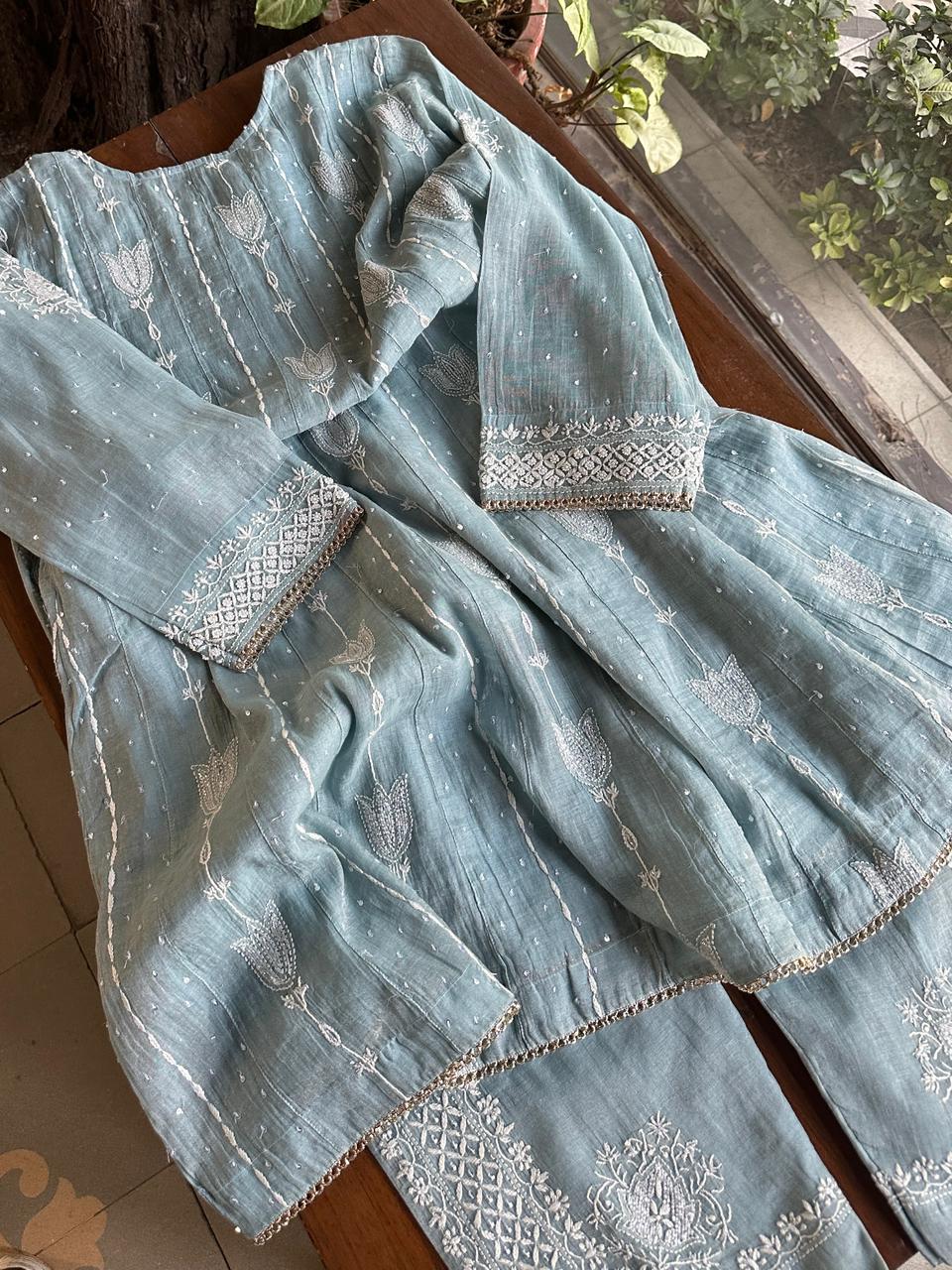 Blueish Grey Shade Tissue Silk Chikankari Co-Ord Set