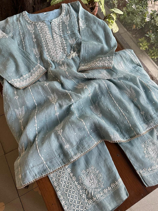 Blueish Grey Shade Tissue Silk Chikankari Co-Ord Set