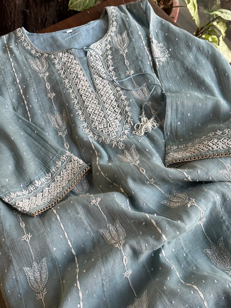 Blueish Grey Shade Tissue Silk Chikankari Co-Ord Set
