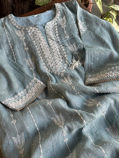 Blueish Grey Shade Tissue Silk Chikankari Co-Ord Set