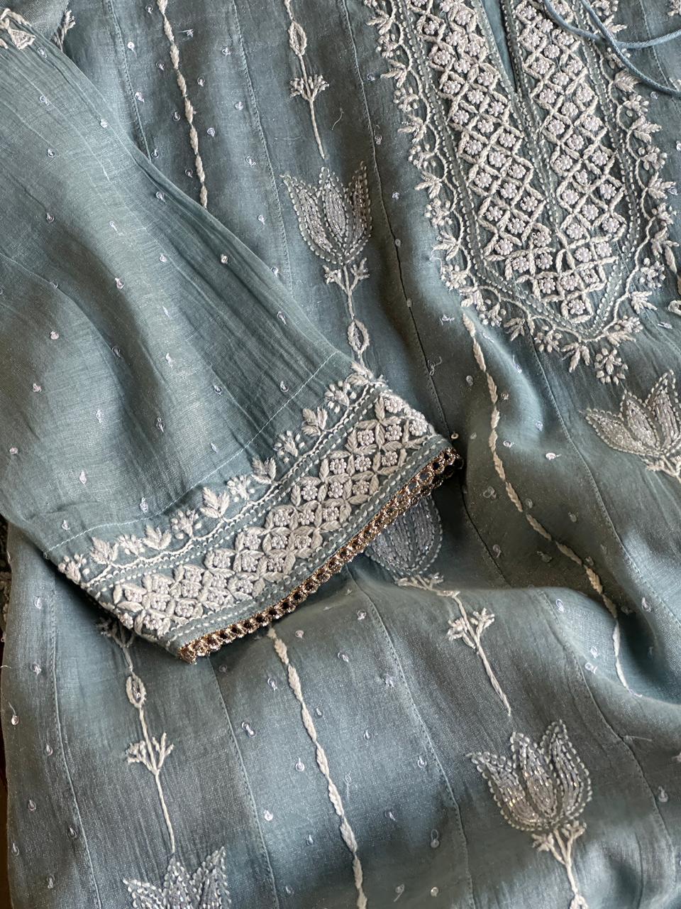 Blueish Grey Shade Tissue Silk Chikankari Co-Ord Set