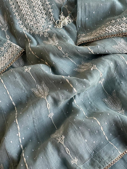 Blueish Grey Shade Tissue Silk Chikankari Co-Ord Set