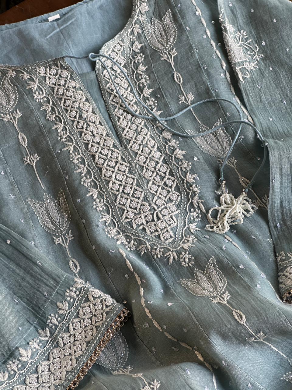Blueish Grey Shade Tissue Silk Chikankari Co-Ord Set