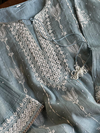Blueish Grey Shade Tissue Silk Chikankari Co-Ord Set