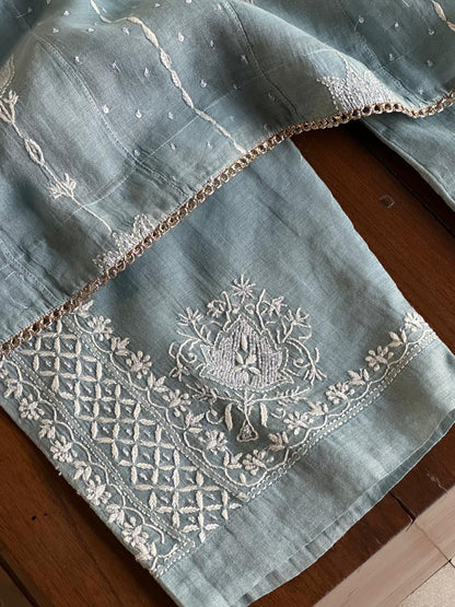 Blueish Grey Shade Tissue Silk Chikankari Co-Ord Set