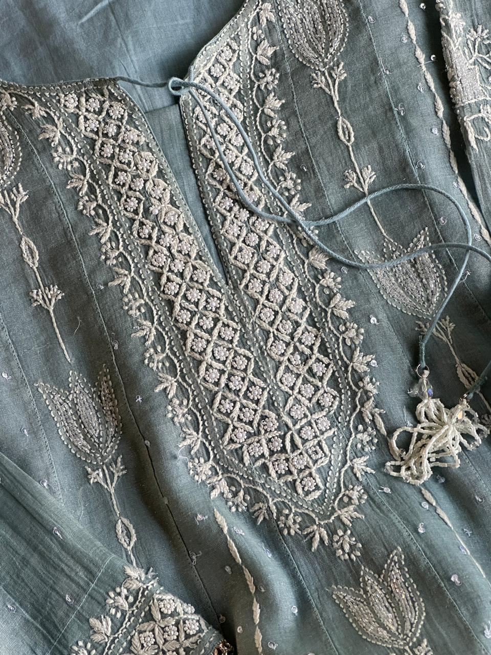 Blueish Grey Shade Tissue Silk Chikankari Co-Ord Set