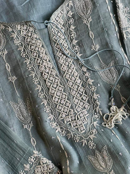 Blueish Grey Shade Tissue Silk Chikankari Co-Ord Set