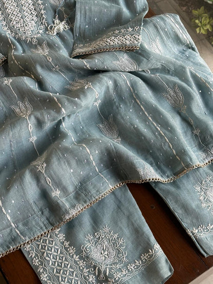 Blueish Grey Shade Tissue Silk Chikankari Co-Ord Set