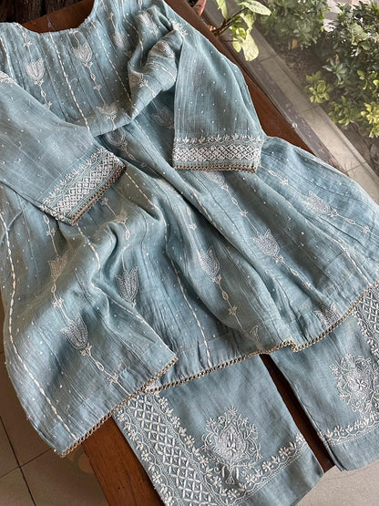Blueish Grey Shade Tissue Silk Chikankari Co-Ord Set