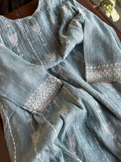 Blueish Grey Shade Tissue Silk Chikankari Co-Ord Set