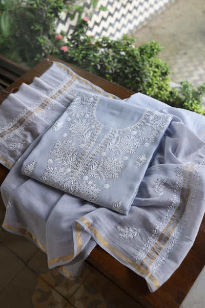 Blueish Grey Shade Mal Cotton Fine Chikankari Unstitched Fabric
