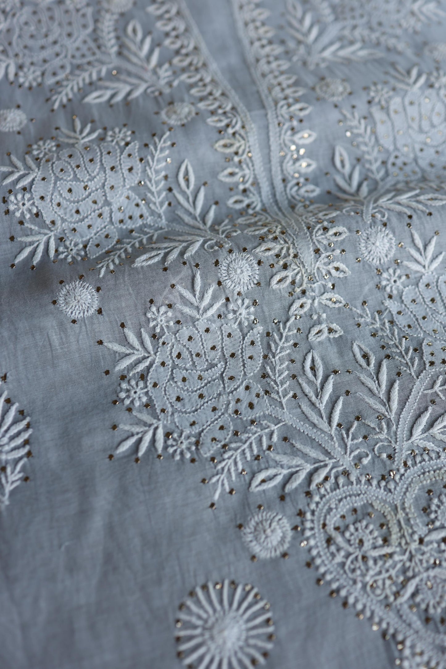 Blueish Grey Shade Mal Cotton Fine Chikankari Unstitched Fabric