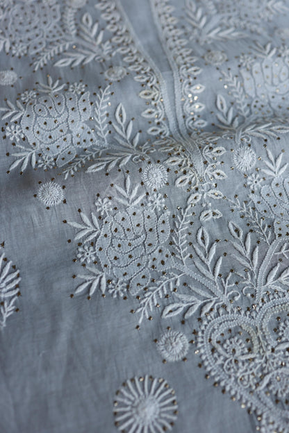Blueish Grey Shade Mal Cotton Fine Chikankari Unstitched Fabric