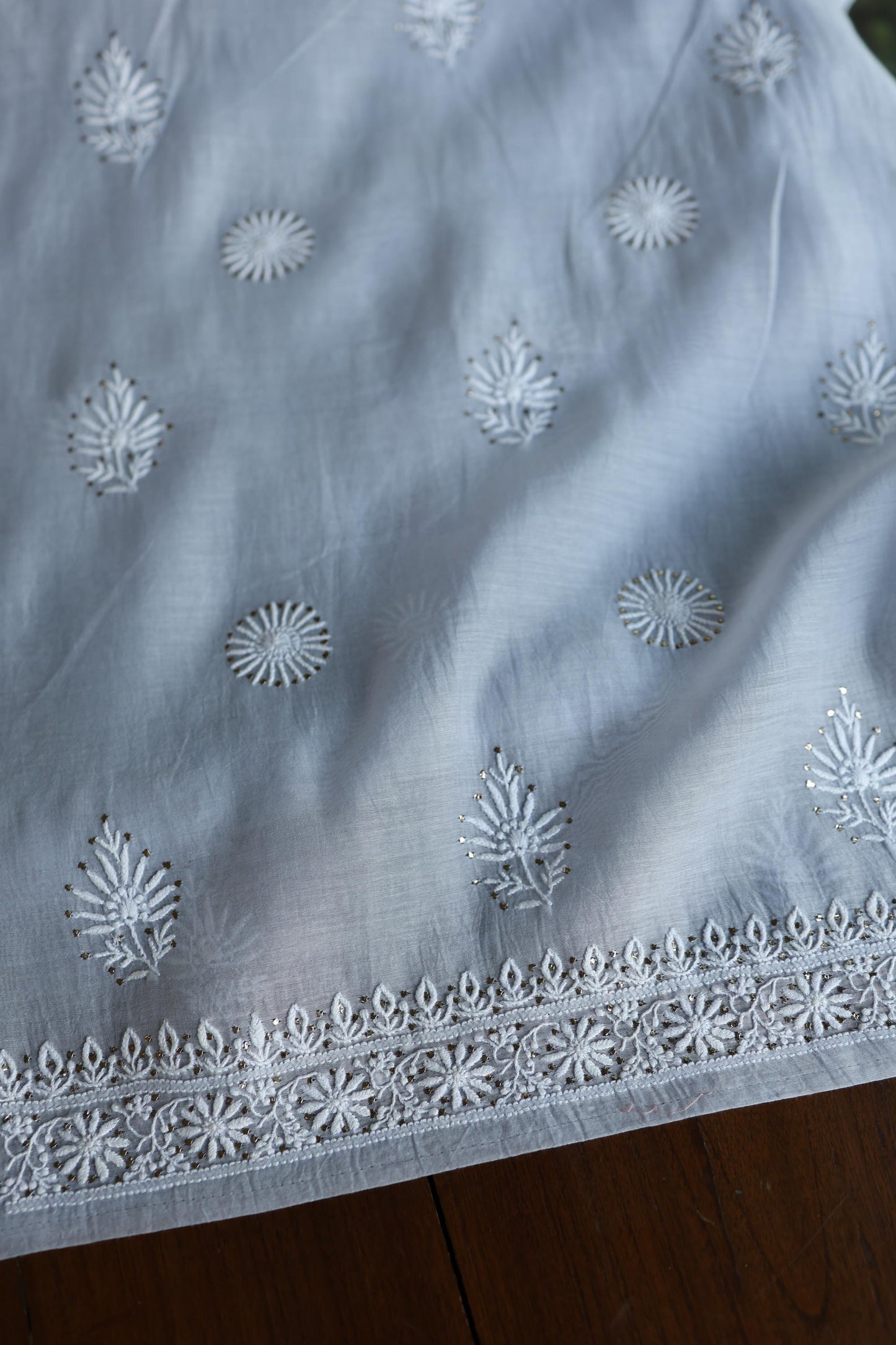 Blueish Grey Shade Mal Cotton Fine Chikankari Unstitched Fabric