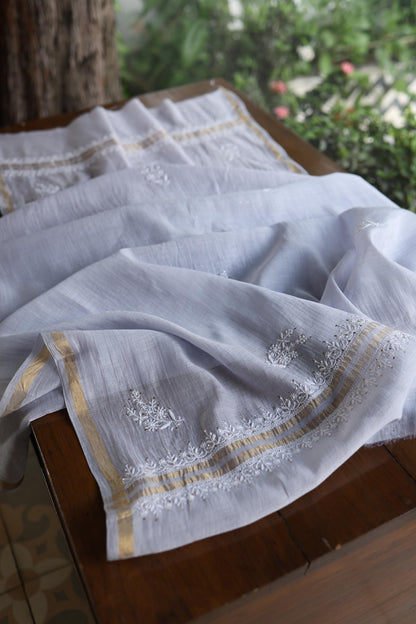 Blueish Grey Shade Mal Cotton Fine Chikankari Unstitched Fabric