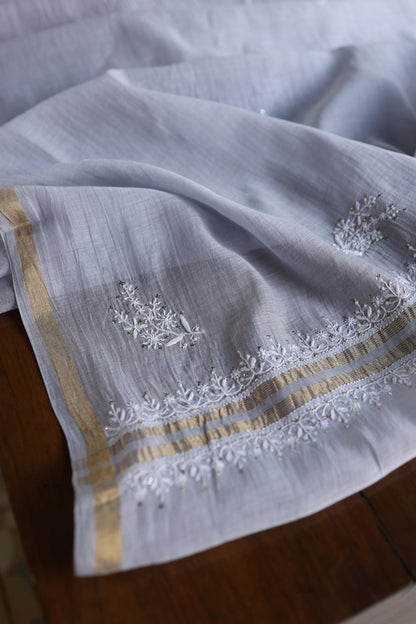 Blueish Grey Shade Mal Cotton Fine Chikankari Unstitched Fabric