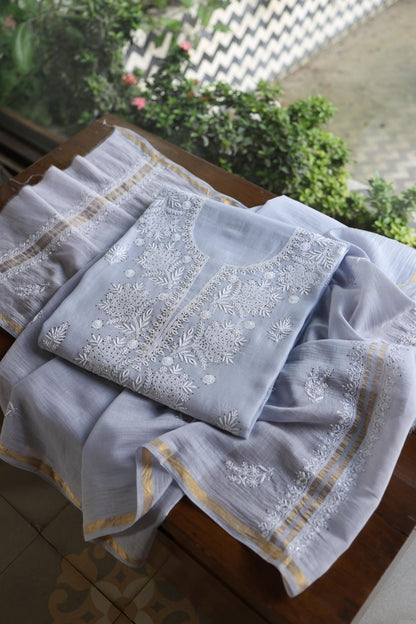 Blueish Grey Shade Mal Cotton Fine Chikankari Unstitched Fabric