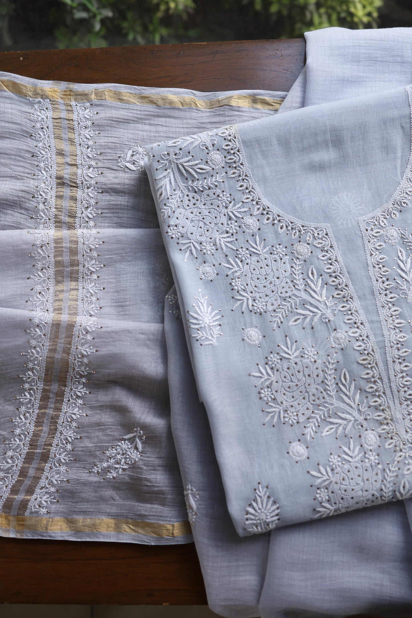 Blueish Grey Shade Mal Cotton Fine Chikankari Unstitched Fabric